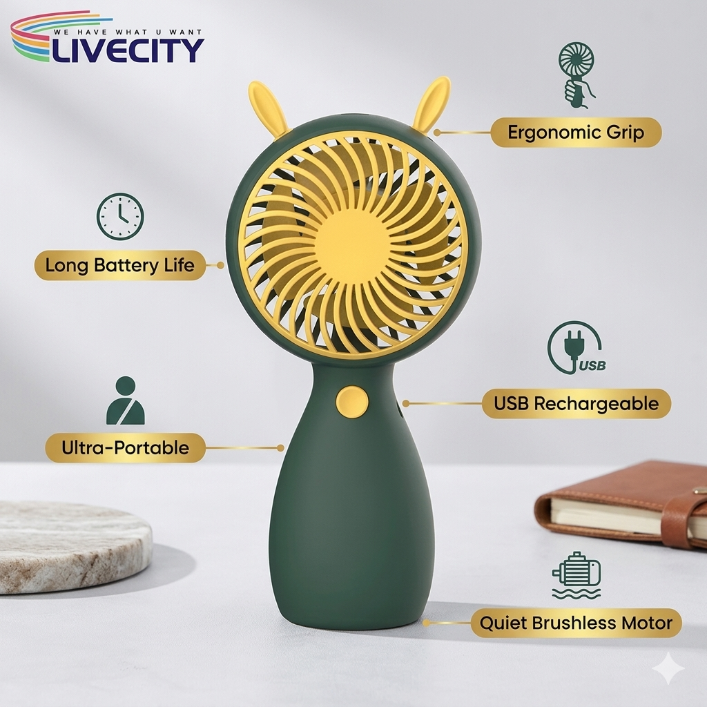 Pocket-Breeze Portable Handheld Fan – Compact Rechargeable Mini Fan with Cute Ear Design