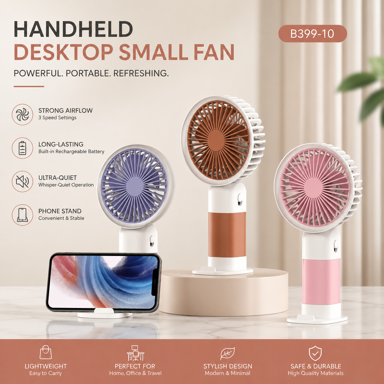 Compact Desk Fan with Phone Holder - Pink Purple Peach